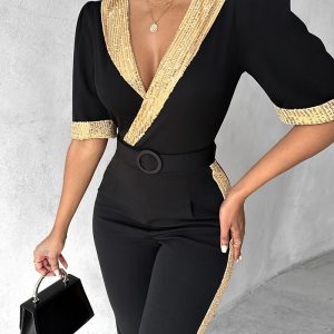 Contrast Sequin V-Neck Belted Jumpsuit, Jumpsuits, chicme - Women's Fashion Online