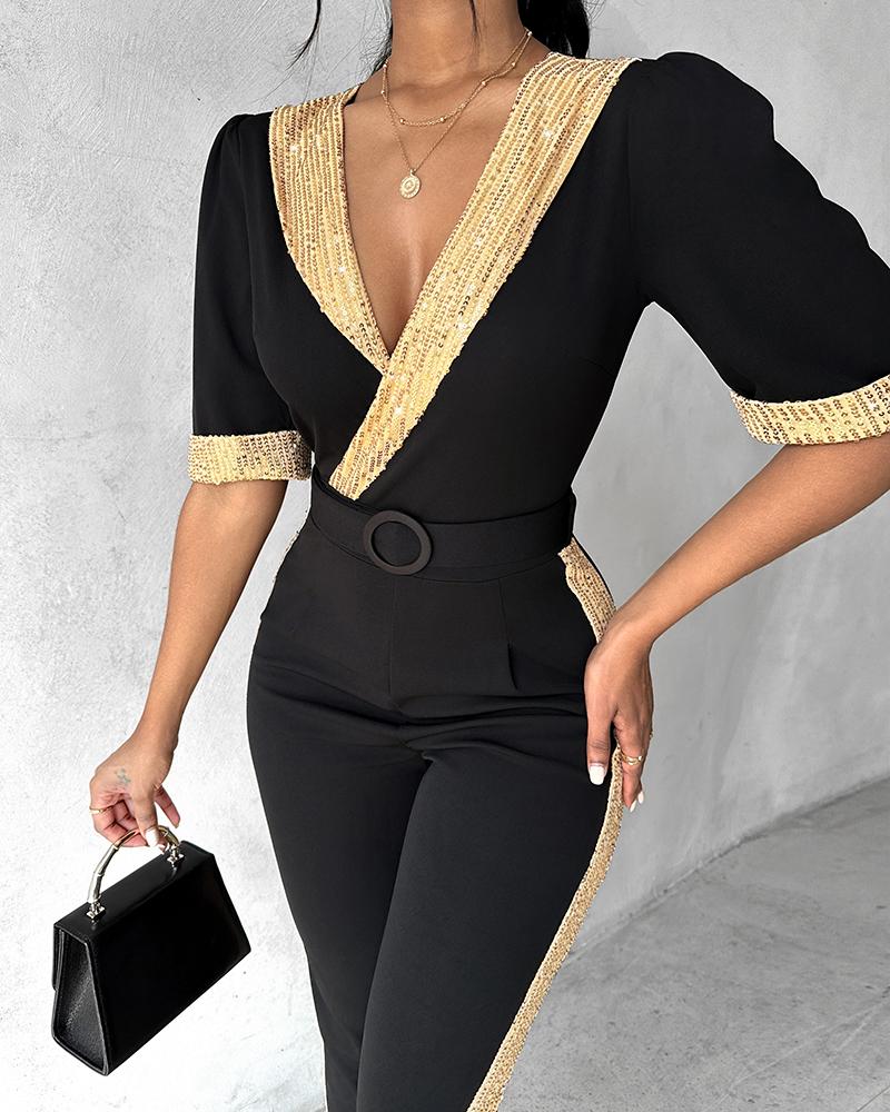 Contrast Sequin V-Neck Belted Jumpsuit, Jumpsuits, chicme - Women's Fashion Online
