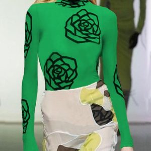 Floral Elegant TIght Long Sleeve T-Shirt, Tees, color:Green|size:XXL, Stylewe