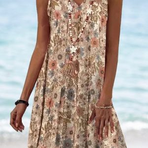 Casual Loose Floral V Neck Dress, Dresses, color:Khaki|size:XXL, JustFashionNow