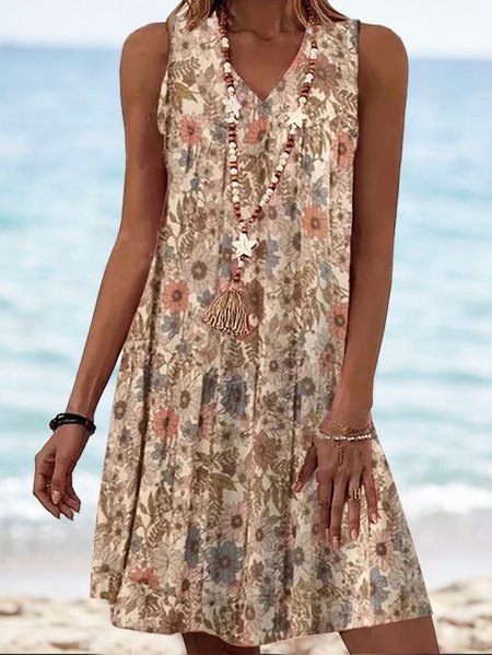 Casual Loose Floral V Neck Dress, Dresses, color:Khaki|size:XXL, JustFashionNow