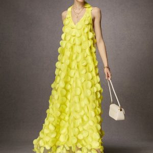 V Neck Loose Plain Vacation Maxi Dress, Maxi Dresses, color:Yellow|size:XXL, Stylewe