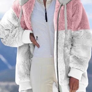 Women's Color Block Zipper Fleece Loose Hooded Teddy Jacket, Coats, color:Pink|size:5XL, Noracora