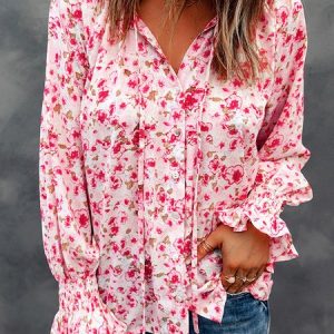 V Neck Long Sleeve Floral Regular Loose Blouse For Women, Blouses, color:Pink|size:XXL, Noracora