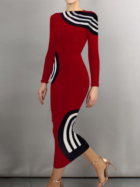 Color Block Tight Elegant Boat Neck Midi Dress With No Belt, Maxi Dresses, color:Red|size:XXL, Stylewe