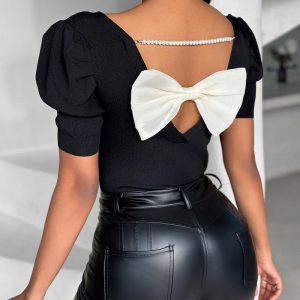 Bowknot Pearl Chains Details Short Puff Sleeve T-Shirt, women T-shirt & Tees, ChicMe catalog