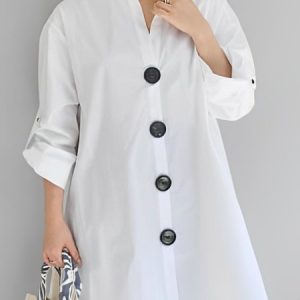Daily Loose Casual Buttoned Stand Collar Plain Blouse, Blouses and Shirts, color:White|size:XXL, Stylewe