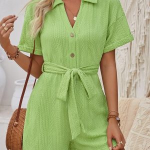 Women Plain Shirt Collar Short Sleeve Comfy Casual Top With Pants Two-Piece Set, Sets, color:Aqua|size:XL, Noracora
