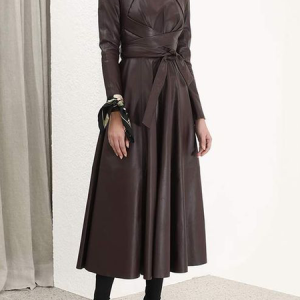 Micro-Elasticity Pu Elegant Stand Collar Long Sleeve Faux Leather Maxi Dress With Belt, Midi Dresses, color:As Picture|size:XXL, Stylewe