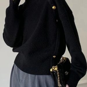 Buttoned Plain Urban Turtleneck Sweater, Pullovers, color:Black|size:XXL, Stylewe