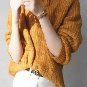 Women Yarn/Wool Yarn Plain Long Sleeve Comfy Casual Sweater, Sweaters, color:Yellow|size:XL, Noracora