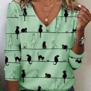 Casual Cat V Neck Long Sleeve T-shirt, T-shirts, color:Green|size:XXL, Noracora