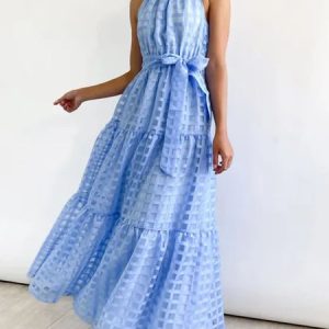Women Plain Halter Sleeveless Comfy Casual Maxi Dress, Dresses, color:Blue|size:XXL, Noracora