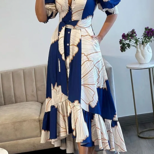Elegant Shirt Collar Short Sleeve Floral Regular Fit Maxi Dress With Belt, Maxi Dresses, color:As Picture|size:XXL, Stylewe