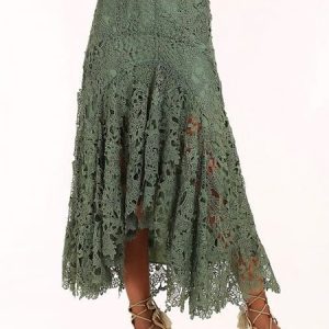 Boho Lace A-Line Natural Lace Maxi Skirt, Skirts, color:Green|size:XXL, Noracora