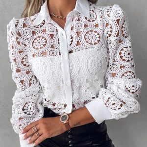 Lace Hollow Out Long Sleeve Top, Blouses & Shirts, chicme - Women's Fashion Online