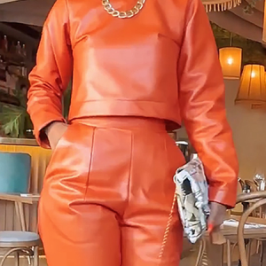 Regular Fit Micro-Elasticity Crew Neck Long Sleeve Urban Plain Faux Leather Top, Tops, color:Orange|size:XXL, Stylewe