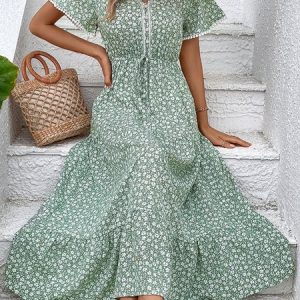 Women Small Floral V Neck Short Sleeve Comfy Casual Maxi Dress, Vacation Dresses, color:Green|size:XL, Noracora