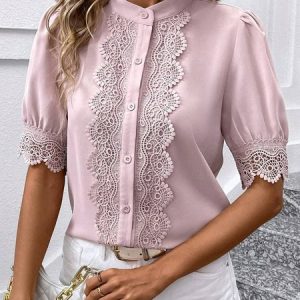 Stand Collar Short Sleeve Plain Lace Regular Loose Blouse For Women, Blouses, color:Pink|size:XXL, Noracora
