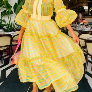 Elegant Striped Regular Fit Midi Dress With Belt, Midi Dresses, color:Yellow|size:XXL, Stylewe