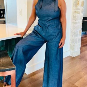 Sleeveless Plain Vacation Regular Fit Faux Denim Jumpsuit, Jumpsuits, color:Denim Blue|size:XXL, Stylewe