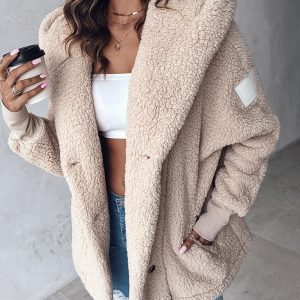 Button Front Pockets Design Hoodie Faux Shearling Coat, women Jackets & Coats, ChicMe catalog