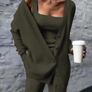 Tank Top & Pants Set With Buttoned Cardigan, Two-piece Sets, chicme - Women's Fashion Online