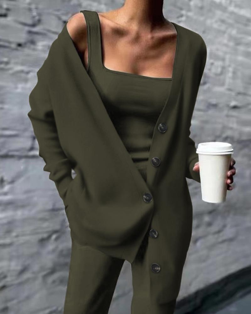 Tank Top & Pants Set With Buttoned Cardigan, Two-piece Sets, chicme - Women's Fashion Online