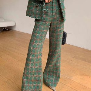 Elegant High Waist Plaid Tweed Fashion Pants, Pants, color:Green|size:XXL, Stylewe