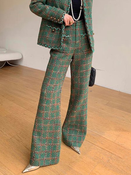 Elegant High Waist Plaid Tweed Fashion Pants, Pants, color:Green|size:XXL, Stylewe