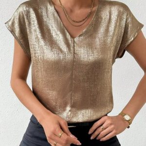 V Neck Short Sleeve Plain Regular Loose Shirt For Women, Blouses, color:Golden|size:XXL, Noracora