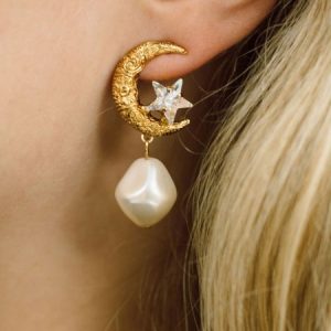 Star and Moon Rhinestone Elegant Imitation Pearl Dangle Earrings, Earrings, color:As Picture|size:One-size, Stylewe