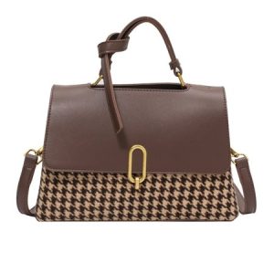 Metal Decor Houndstooth Pattern Flap Trapezoidal Handbag Commuting Crossbody Bag, Bags, color:Coffee|size:One-size, Stylewe