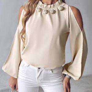 Rose Detail Lantern Sleeve Top, Blouses & Shirts, chicme - Women's Fashion Online
