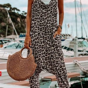 Leopard Cotton-Blend Sleeveless Jumpsuit & Romper, Jumpsuits&Rompers, color:Brown|size:3XL, Noracora