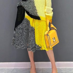 Urban Loosen Color Block Midi Skirt, Skirts, color:Yellow|size:XXL, Stylewe