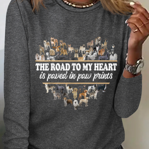 The Road To My Heart Is Paved In Dog Paw Prints All-Over Cotton-Blend Text Letters Long Sleeve Shirt, Long sleeves, Lilicloth.com