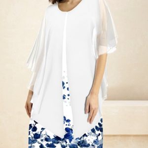 Women Floral Crew Neck Half Sleeve Comfy Casual Short Dress, Dresses, color:White|size:XXL, Noracora