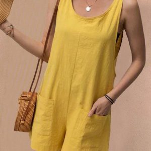 Pockets Sleeveless Casual Linen Rompers, Jumpsuits&Rompers, color:Yellow|size:3XL, Noracora