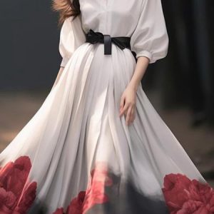 Elegant Floral Print  Half Sleeve  Shirt Collar Dress, Maxi Dresses, color:White|size:XXL, Stylewe