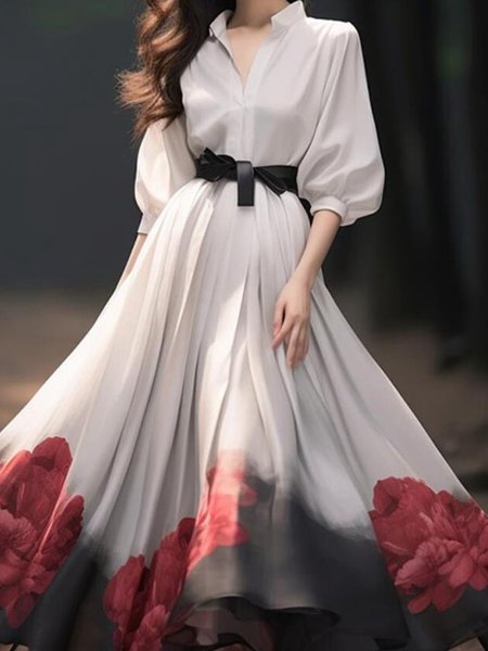 Elegant Floral Print Half Sleeve Shirt Collar Dress, Maxi Dresses, color:White|size:XXL, Stylewe