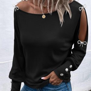 Bowknot Decor Cold Shoulder Casual Top, T-shirt & Tees, chicme - Women's Fashion Online