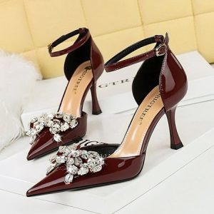 Rhinestone Bow Patent Leather Ankle Strap Stiletto Heel Hollow Pumps, Heels, color:Wine Red|size:40, Stylewe
