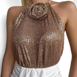 Rose Detail Allover Sequin Halter Top, Tanks & Crop Tops, chicme - Women's Fashion Online
