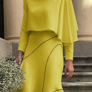 Crew Neck Elegant Plain Loose Shirt, Blouses and Shirts, color:Yellow|size:XXL, Stylewe