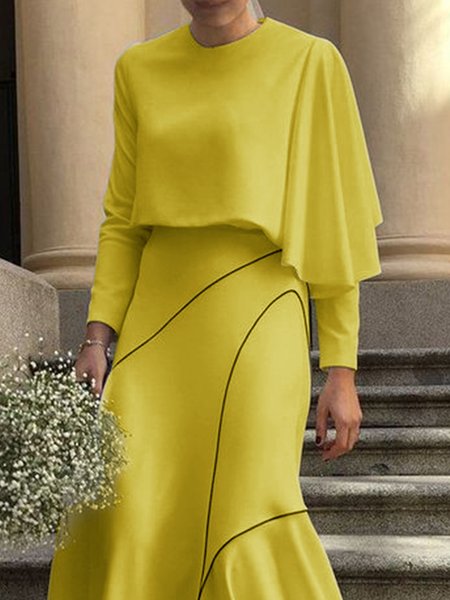 Crew Neck Elegant Plain Loose Shirt, Blouses and Shirts, color:Yellow|size:XXL, Stylewe