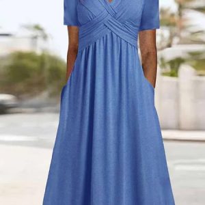Women Casual Long Dress Elegant Plain Sweetheart Neckline Fit & Flare Maxi Dress, Midi, color:Blue|size:XXL, catalog Noracora shop
