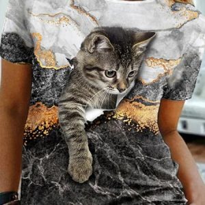 Casual Comfortable Cat Print Short Sleeve T-Shirt, T-shirts, color:Black|size:XXL, Noracora
