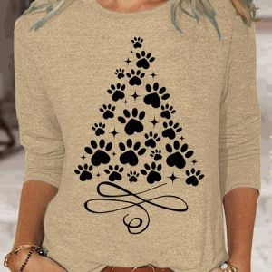 Crew Neck Long Sleeve Text Letters Regular Micro-Elasticity Regular Fit Shirt For Women, Blouses, color:Apricot|size:3XL, Noracora