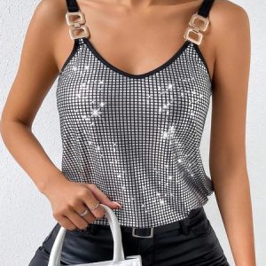 Spaghetti Gallus Color Block Glitter Regular Micro-Elasticity Loose Shirt For Women, Tanks & Camis, color:Silver|size:XXL, Noracora